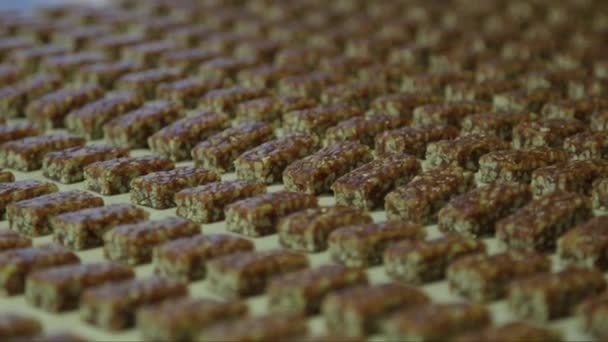 巧克力工厂输送线上分散的糖的静态中等投篮 — 图库视频影像