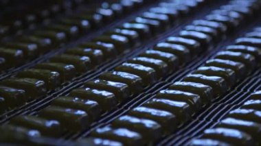 Çikolata fabrikasında siyah çikolataya bantlanmış statik orta boy şekerler.