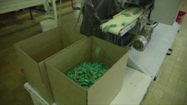 Yüksek hızda konveyör bandından karton kutuya düşen paketlenmiş lolipopların statik orta boy görüntüsü