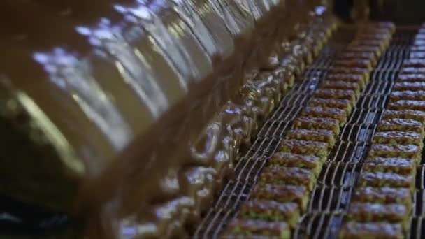 Tiro Perto Estático Verter Doces Com Chocolate Uma Fábrica Chocolate — Vídeo de Stock