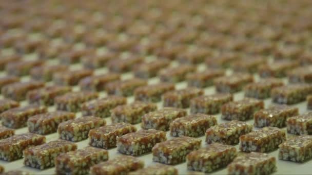 Statikus Közepes Felvétel Osztott Tömegű Cukorka Töltés Egy Szállítószalag Egy — Stock videók