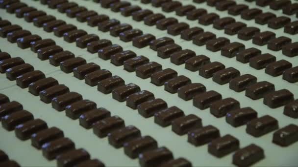 Статический Средний Кадр Свежих Конфет Погруженных Темный Шоколад Конвейерной Ленте — стоковое видео