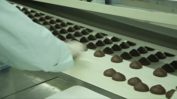 Statisch Medium Shot Van Een Werknemer Een Verpakking Marshmallows Chocolade — Stockvideo