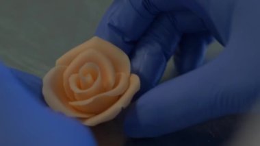 Elle tutulan makro yavaş çekim şekerlemecinin pasta süslemesini metal masaya badem ezmesi gül çiçeği koyuşunu.