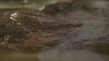 Pasta şefinin yumuşak, sıcak karamel kütlelerini karıştırırken yakın plan çekimleri.