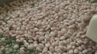 Bir sürü pembe, yeşil, beyaz, kahverengi lolipopların yakın plan çekimleri büyük bir karıştırma kutusuna dökülüyor.