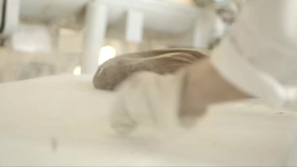 Χέρι Που Πραγματοποιήθηκε Κοντινό Πλάνο Του Ζαχαροπλάστη Chef Πασπάλισμα Αλεύρι — Αρχείο Βίντεο