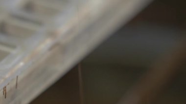 Kalıbın çikolata fabrikasındaki sıvı çikolatayla doldurulduğu statik yavaş çekim makro görüntüsü.