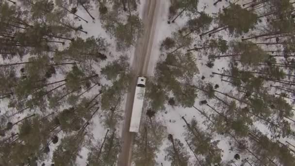 Drohnenbild Eines Großen Weißen Lastwagens Der Winter Auf Einer Forststraße — Stockvideo