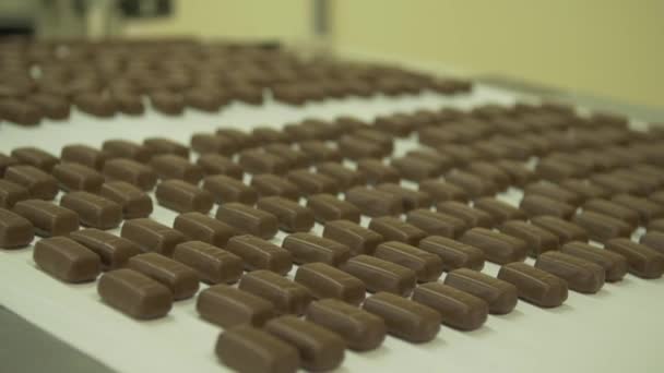 Şekerleme Fabrikasındaki Bir Konveyör Hattında Bir Sürü Çikolatanın Yakın Çekim — Stok video