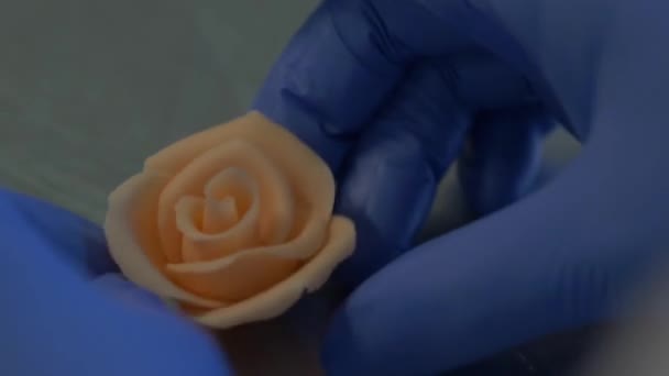 Macro Toma Mano Del Confitero Colocando Una Flor Rosa Mazapán — Vídeos de Stock
