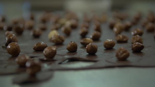 Ляльковий Повільний Макрознімок Глазурованих Лісових Горіхів Шоколадних Листках — стокове відео