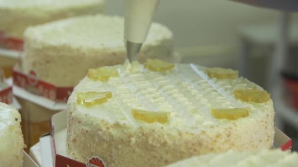 白いケーキにホイップクリームの装飾を施したペストリーシェフのドリースローモーションクローズアップショット — ストック動画