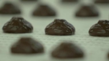 Şekerleme fabrikasındaki bir konveyör bandında çikolatayla taze şekerlemelerin statik yavaş çekimi.