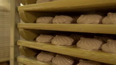 Dolly yavaş çekim geniş çekim raflarda dinlenmek için bir sürü marshmallow yatıyordu