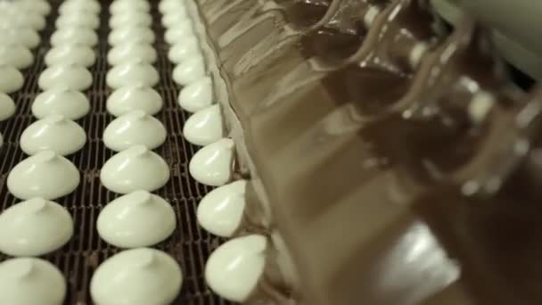 Dolly Close Tiro Marshmallows Brancos Sendo Cobertos Chocolate Líquido Uma — Vídeo de Stock