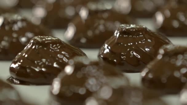 糖果厂输送带上巧克力中新鲜棉花糖的静态慢动作宏观镜头 — 图库视频影像