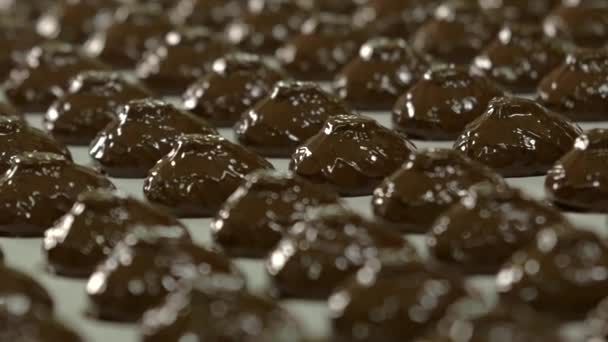 Încetinire Statică Aproape Împușcat Bezele Proaspete Ciocolată Bandă Transportoare Într — Videoclip de stoc