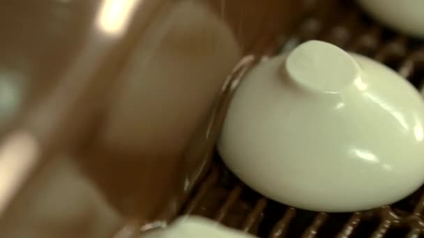Statické Zpomalení Makro Záběr Bílých Marshmallows Pokryto Tekutou Čokoládou Dopravníkové — Stock video