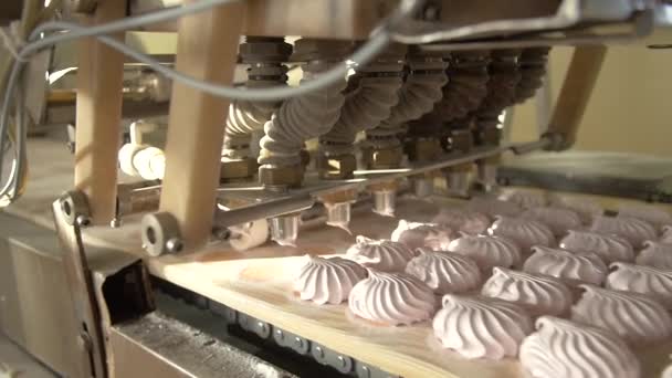 糖果厂生产粉红Zephyrs的棉花糖挤压机的娃娃慢镜头 — 图库视频影像