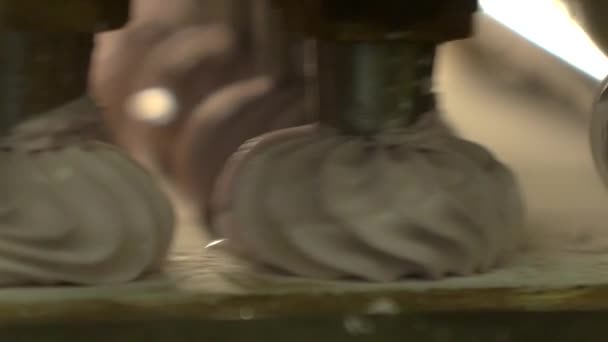 Статичний Повільний Макрознімок Машини Стискання Зефіру Рожевих Зефірів Фабриці Цукерок — стокове відео