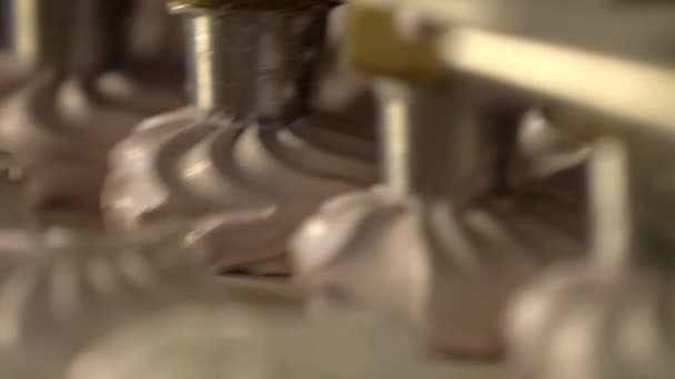 Статичний Повільний Макрознімок Машини Стискання Зефіру Рожевих Зефірів Фабриці Цукерок — стокове відео