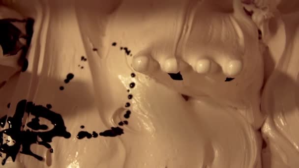 Static Slow Motion Close Shot Liquid Chocolate Being Added Mixer — Stock Video