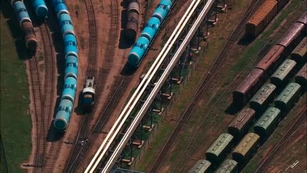 Aerial Wide Shot Railway Junction Viewed Goods Wagons Lone Moving — Stock Video