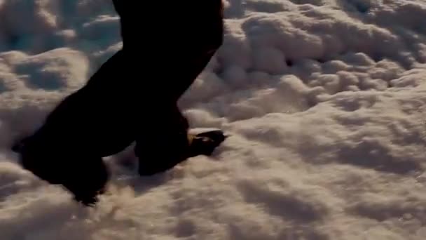 スティディカムは雪の中を歩く男の足のショットを閉じる — ストック動画