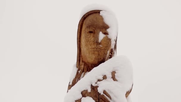 Steadicam Plano Cerca Una Escultura Madera Cubierta Nieve Una Mujer — Vídeos de Stock