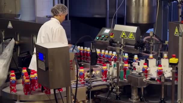 食品工場で処理中のヨーグルト充填機の静的なワイドショット — ストック動画