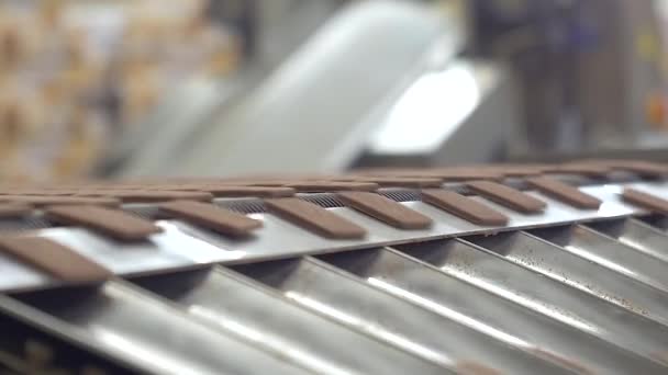 Statische Slow Motion Close Shot Van Vierkante Bruine Chocoladekoekjes Die — Stockvideo
