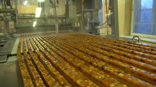 Dolly Slow Motion Wide Shot Filling Chocolate Bars Caramel Nut — Stock Video