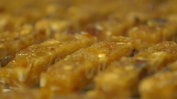 슬로우 매크로 캐러멜과 컨베이어 라인에 초콜릿 질량의 — 비디오