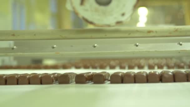 Statische Slow Motion Medium Shot Van Vers Gemaakte Chocoladerepen Transportband — Stockvideo
