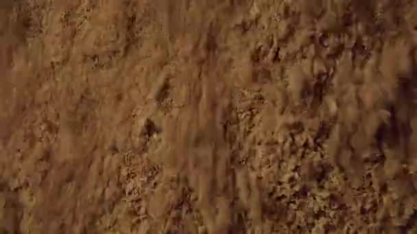 パイルに注がれる地面のココアの静的な遅い動きのマクロショット — ストック動画
