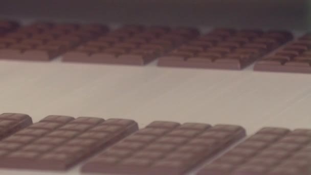 Static Slow Motion Close Shot Freshly Made Chocolate Bars Conveyor — Stock Video