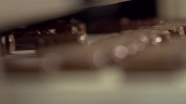 statik yavaş çekim makro odak hareketi. Bir taşıyıcı hattında sıvı çikolata şekerlemeleri ile yeni kaplanmış.