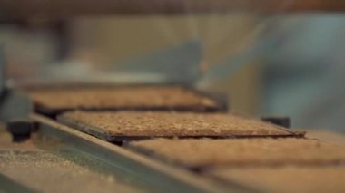 durağan yavaş çekim. Kare waffle keklerini yakın çekim. Taşıma bandında kahverengi kırıntılarla kaplı.