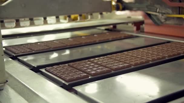 Ляльковий Повільний Рух Середній Знімок Свіжозроблених Шоколадних Батончиків Конвеєрній Лінії — стокове відео