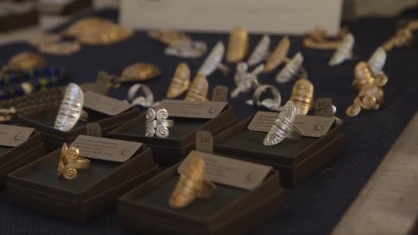 Dolly Nahaufnahme Von Versilberten Und Vergoldeten Ringen Antiken Design Auf — Stockvideo