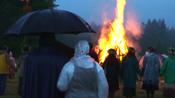 Hand Held Wide Shot People Raincoats Umbrellas Lined Big Bonfire — Stock Video