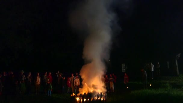 Bir Yaz Gecesinde Yanan Ateşin Yanında Duran Bir Sürü Insanın — Stok video