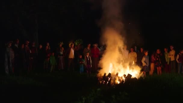 Hand Held Wide Shot Lot People Standing Burning Fire Midsummer — Stock Video