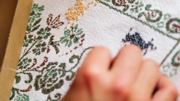 Mão Mão Mão Mão Macro Shot Mãos Femininas Threading Beads — Vídeo de Stock