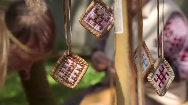 Dolly Close Shot Decorative Pendants Dream Catchers Swinging Wind — Stock video