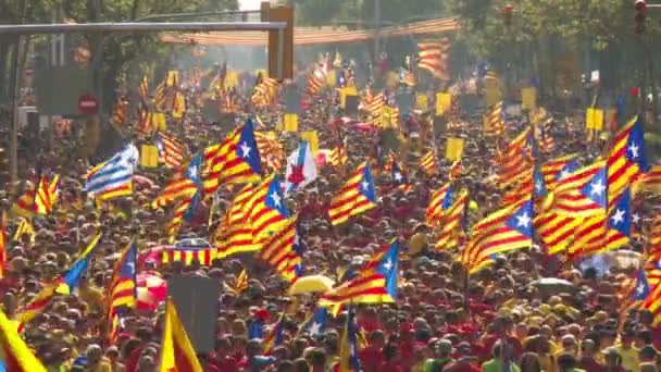 Massenauflauf Von Menschen Mit Katalanischen Fahnen Auf Der Straße — Stockvideo