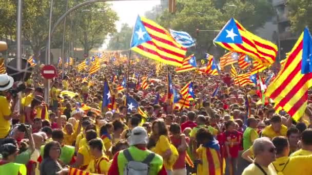 거리에 카탈로니아 깃발을 사람들의 군중의 오른쪽 — 비디오