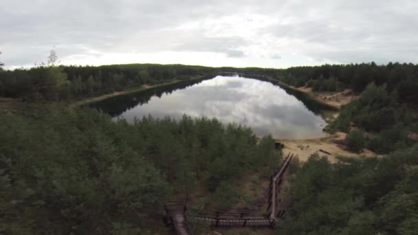 Aerial Wide Shot Lake Medio Vista Del Bosque Desde Arriba — Vídeos de Stock