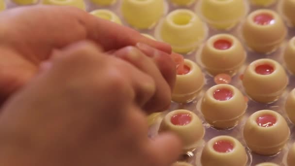 Hand Vastgehouden Close Shot Van Snoep Vullen Witte Chocolade Snoepjes — Stockvideo